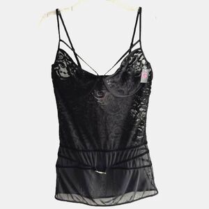 G World Intimates Woman's OS Queen Black Lace Silver Bow Underwire Mini Dress #V